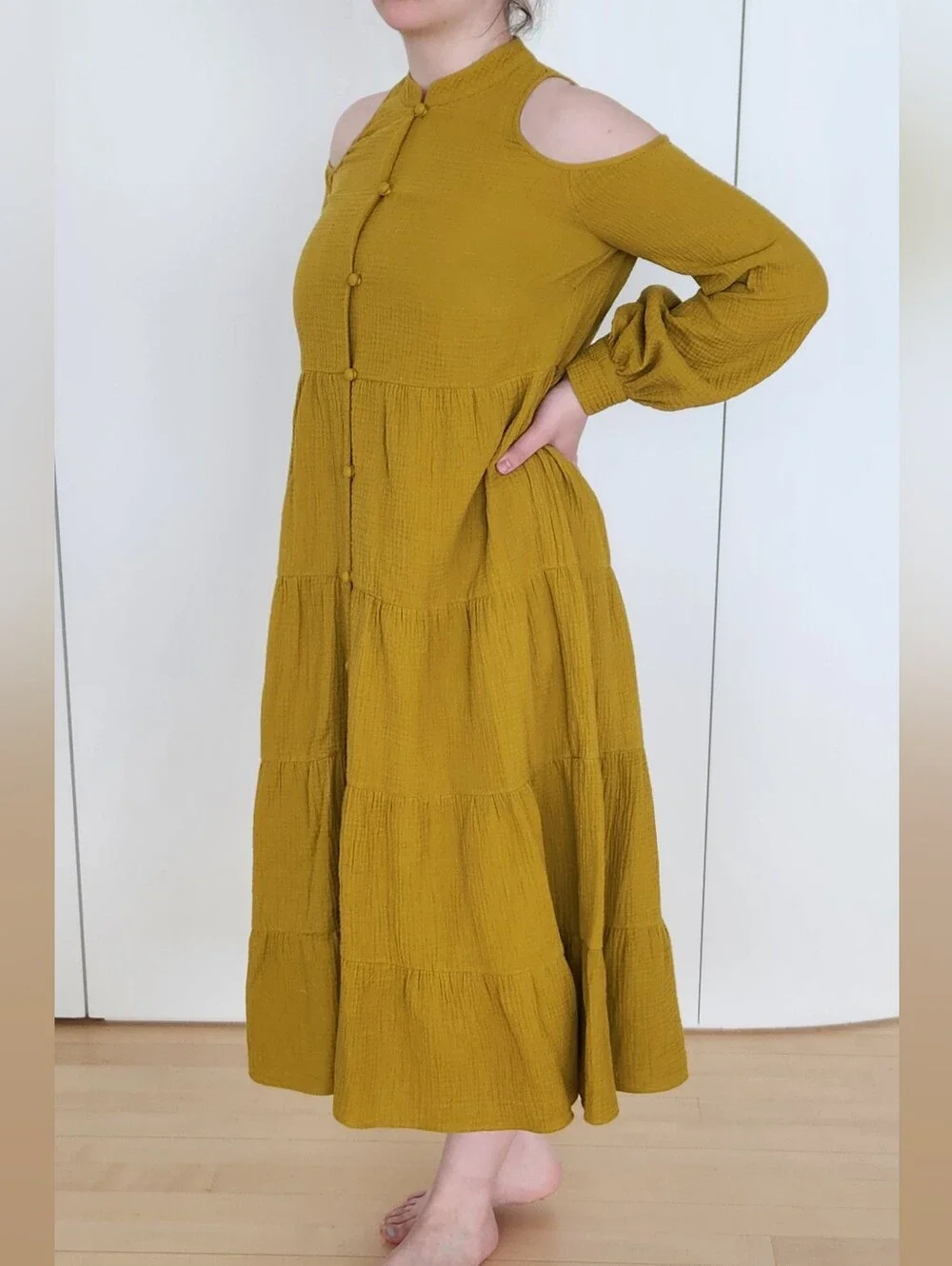 Tiered Button-Front Midi Dress in Mustard